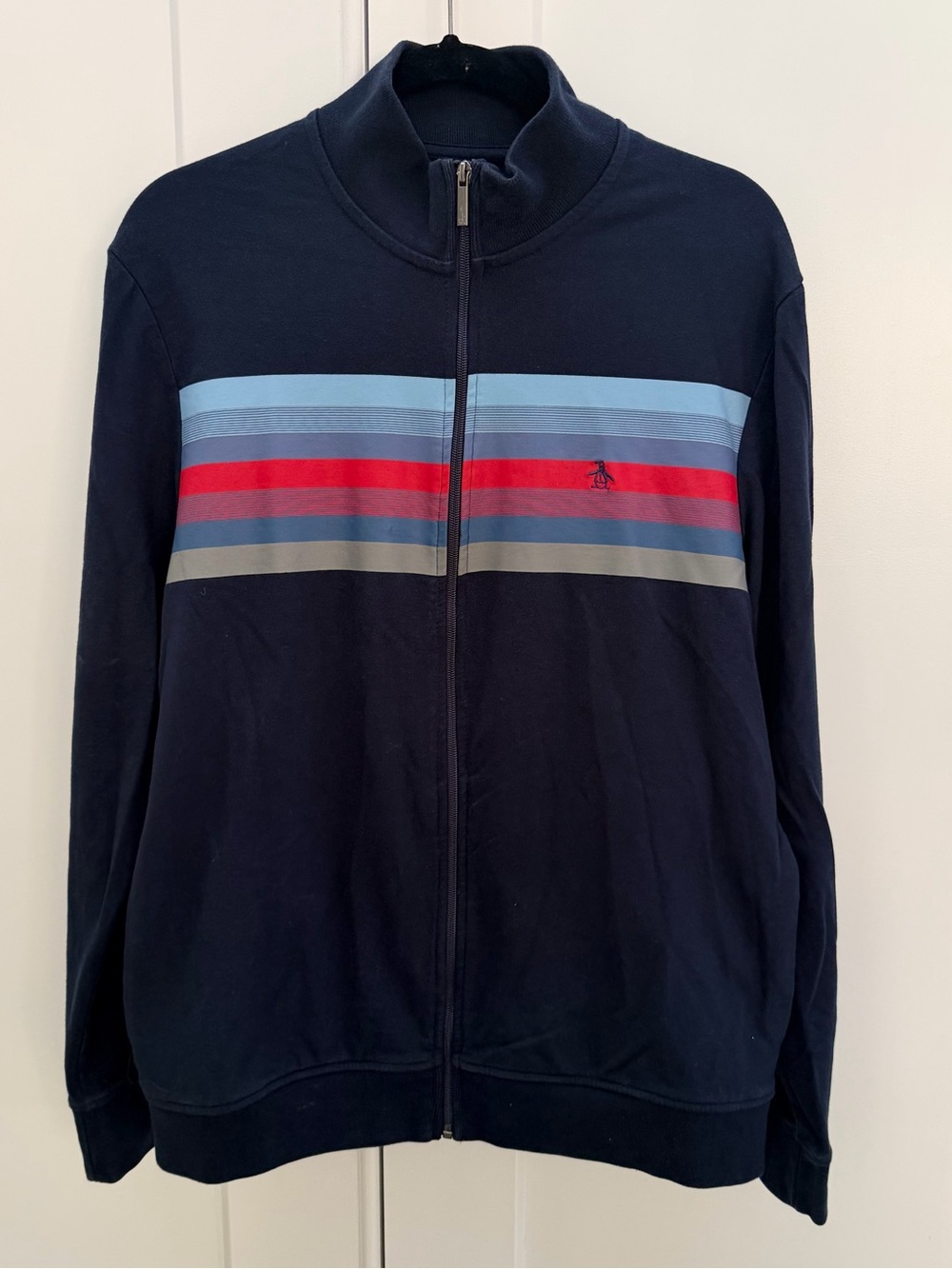 Original Penguin Navy Zip-Up Sweater with Blue and Red Chest Stripes